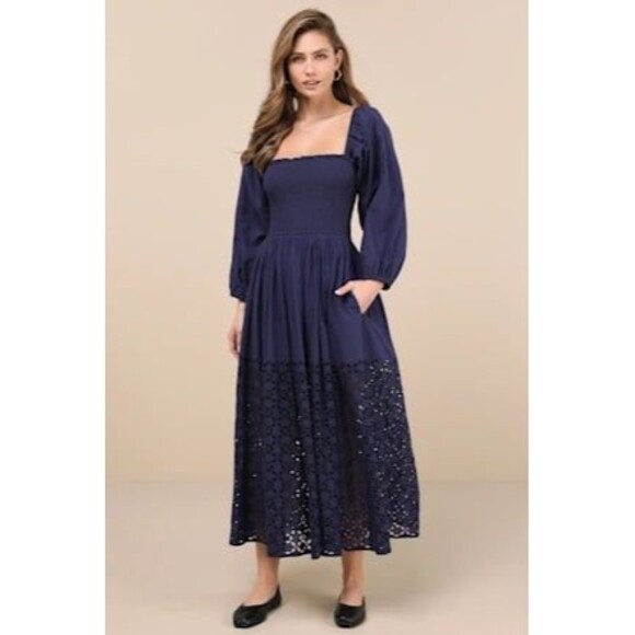 Lulu’s Yarella Dark Navy Blue Smocked Long Balloon Sleeve Eyelet Midi Dress S - Picture 1 of 7